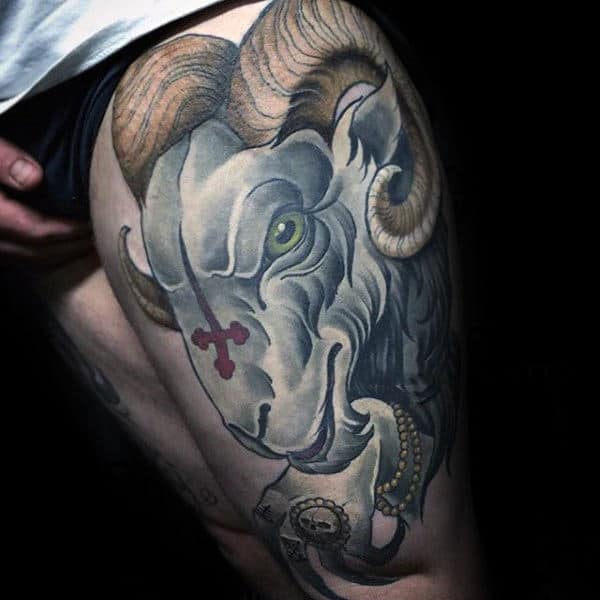 Thigh Neo Traditional Male Goat Tattoos