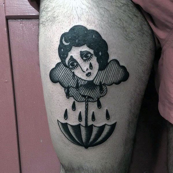 Thigh Old School Mens Tattoo Umbrella Design