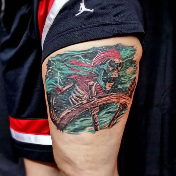 Thigh Pirate Steering Ship Wheel Thigh Tattoo For Guys