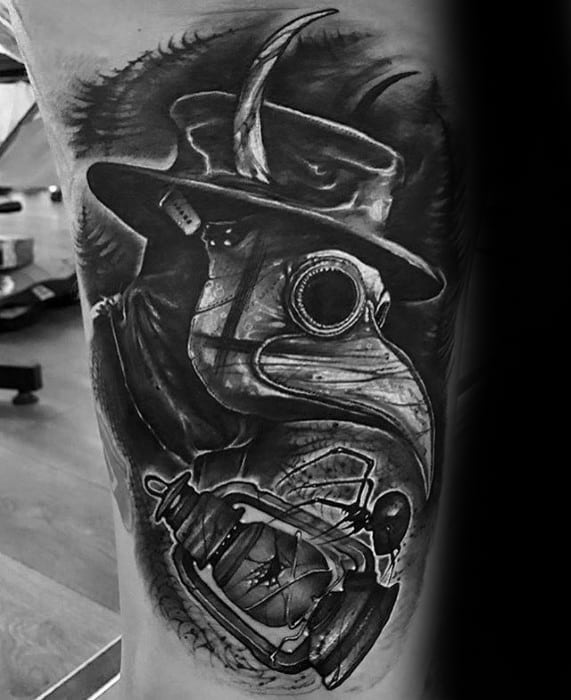 Thigh Plague Doctor Tattoo On Men
