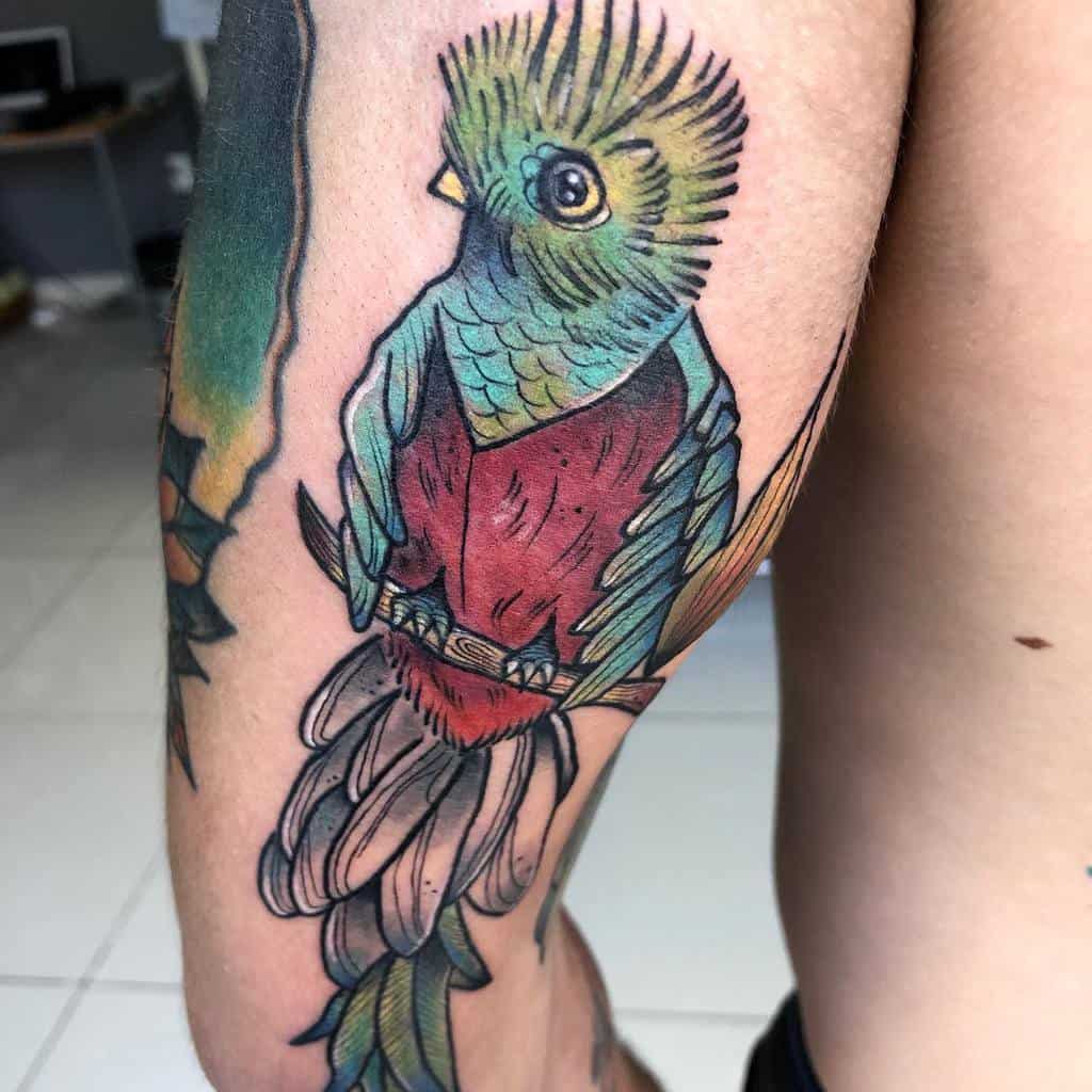 Bold quetzal tattoo on the thigh, featuring a vibrant green and red bird with intricate feather details, perched with flowing tail feathers