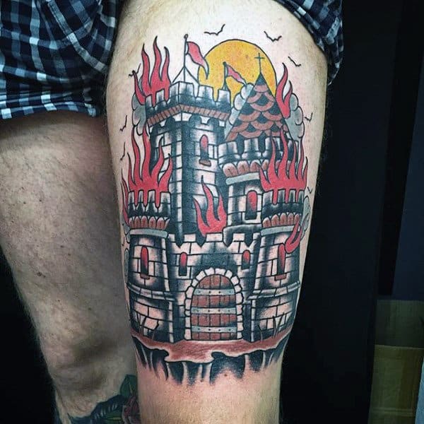 Thigh Red Flames Castle Tattoo For Men