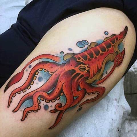 Thigh Red Squid Tattoo For Men With Blue Bubbles