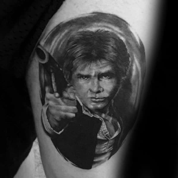 Thigh Shaded Black And Grey Ink Han Solo Male Tattoos