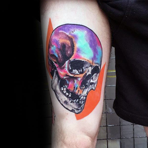 Thigh Skull Colorful Consciousness Tattoos Men