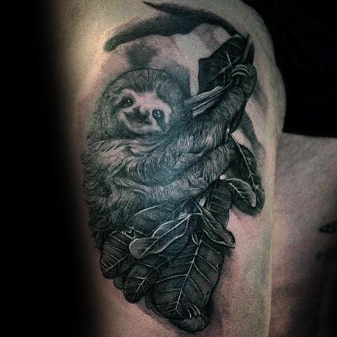 Thigh Sloth And Tree Branch Leaves Tattoos For Gentlemen