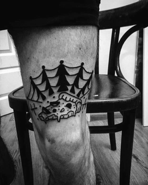 Thigh Spider Web Pizza Tattoo On Men