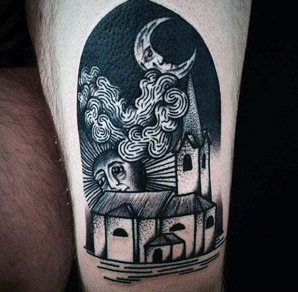 Thigh Sun And Clouds Tattoo For Males With Church
