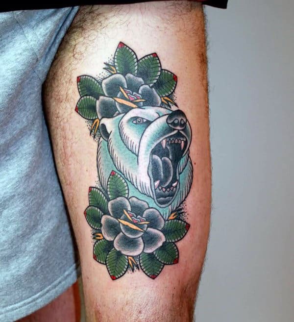 Thigh Traditional Bear With Black Rose Flowers Tattoo Design Ideas For Men