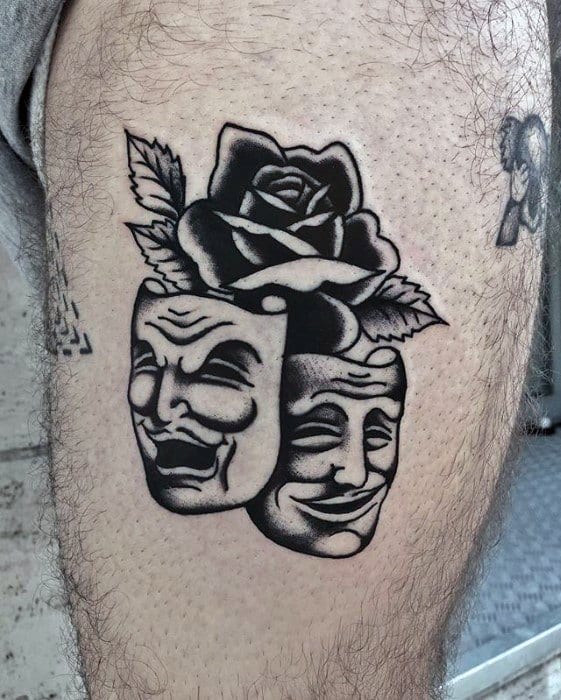 Thigh Traditional Rose Flower Drama Mask Male Tattoo Ideas