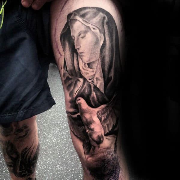Thigh Virgin Mary Male Tattoo Designs