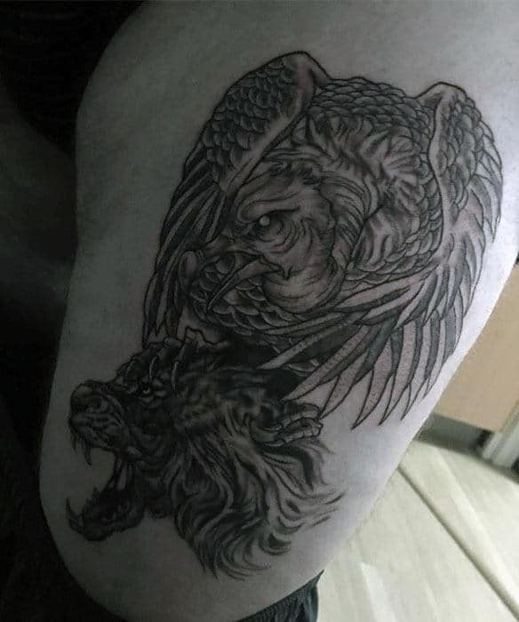 Thigh Vulture Wolf Head Mens Thigh Tattoos