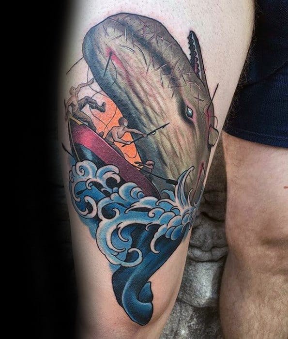 Thigh Whale With Fishing Boat Rad Male Tattoo Ideas