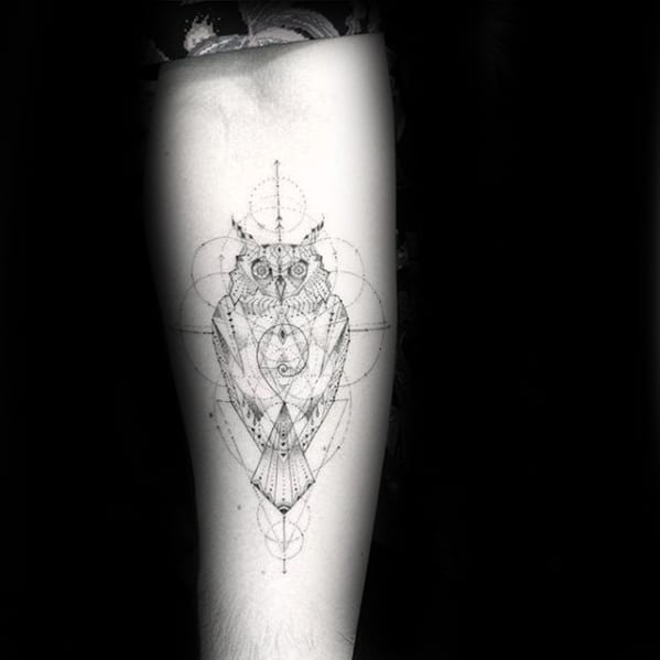 Thin Lines Mens Circular Geometric Owl Inner Forearm Tattoo