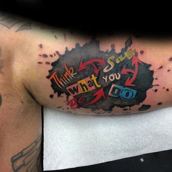 Think What You Say Trash Polka Mens Lettering Bicep Tattoos