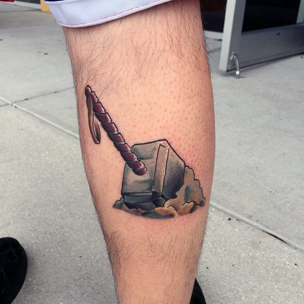 Thor Hammer In Ground Mens Leg Calf Tattoos