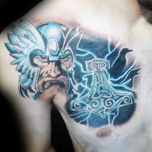 Thor With Thunderbolts Mens Mjolnir Chest Tattoos
