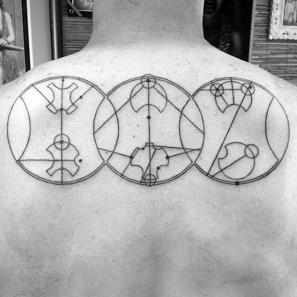 Three Circles Gallifreyan Guys Upper Back Tattoos
