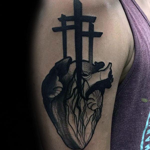 Three Crosses With Heart Mens Modern Badass Arm Tattoos