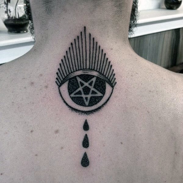 Three Droplets Pentagram Tattoo Mens Back