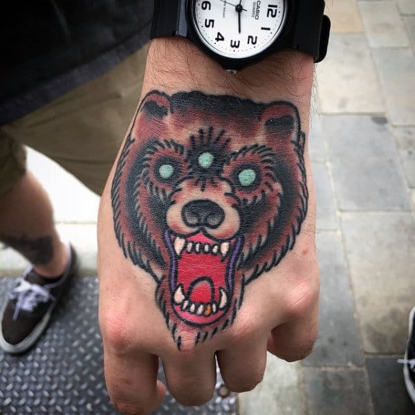Three Eyed Bear Mens Traditional Hand Tattoos