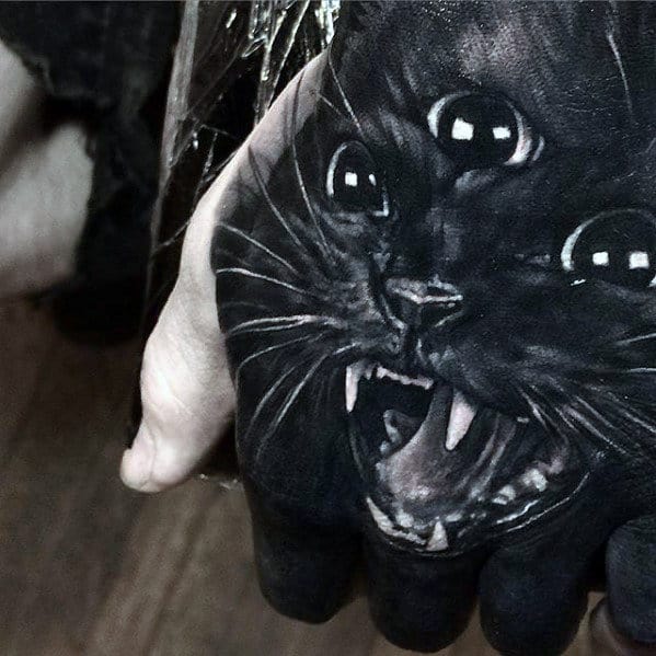 Three Eyed Black Cat Guys Badass Hand Tattoo