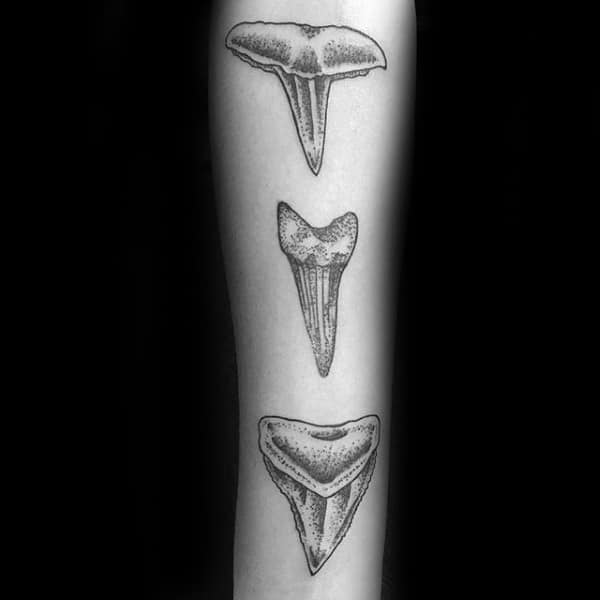 Three Shark Teeth Mens Inner Forearm Tattoo Design Ideas