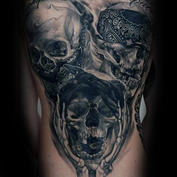 Three Skulls Black Ink Mens Back Tattoos