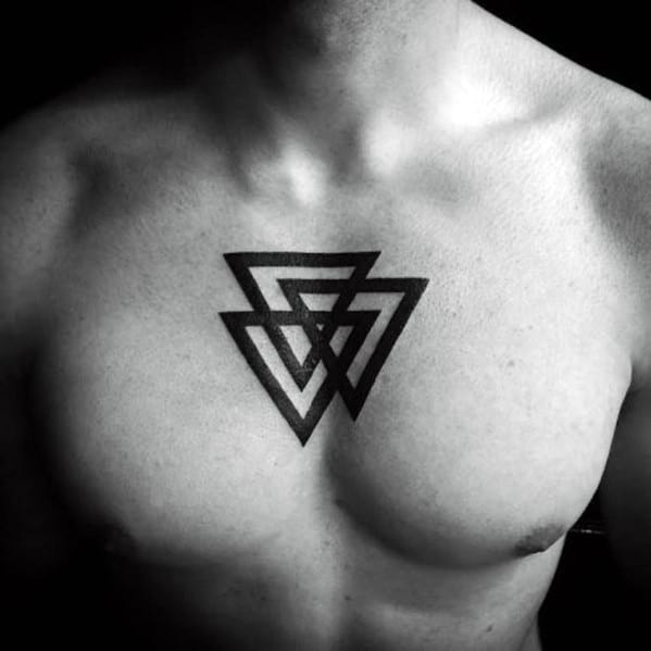 Three Triangles In Black Ink Guys Simple Chest Tattoo