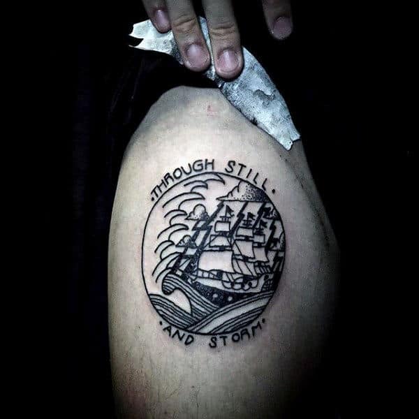 Through Still And Storm Mens Circle Sailign Ship Thigh Tattoo