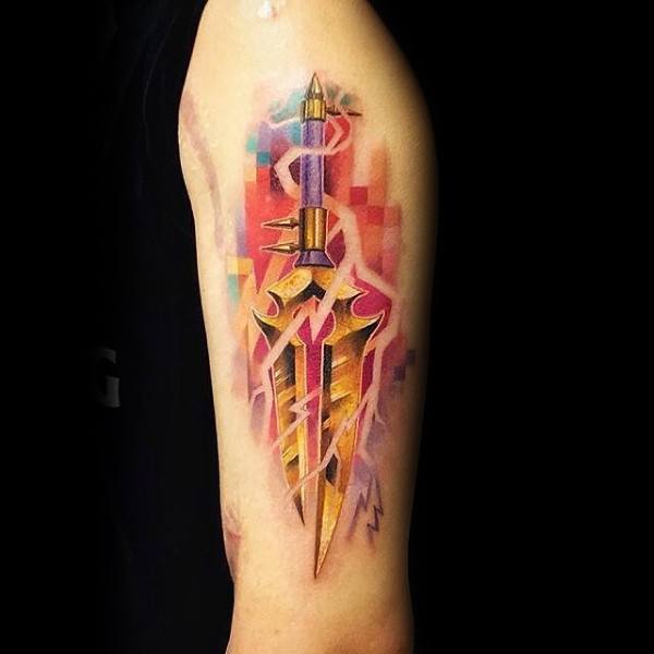 Vibrant tattoo of a magical sword from World of Warcraft, glowing with pink energy and pixelated background, inked on the upper arm.