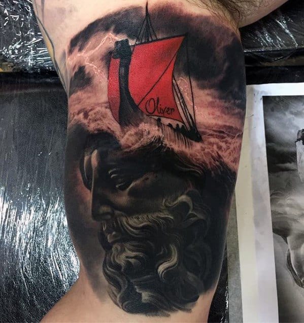 Thunderstorm Statue Inner Arm Bicep Tattoo Ideas For Males