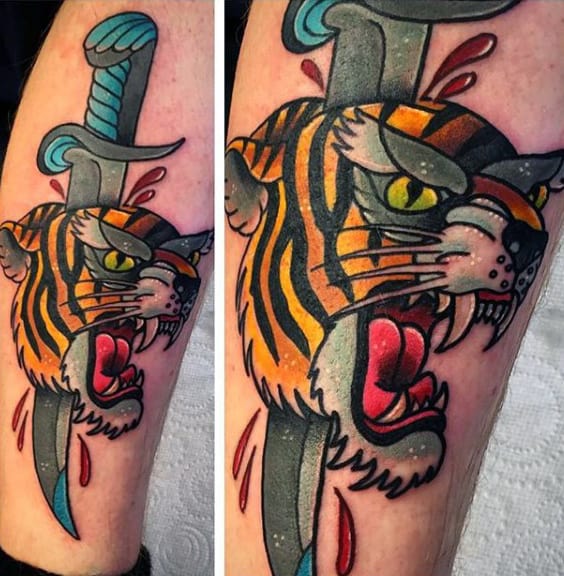 Tiger And Dagger Tattoo Mens Calves