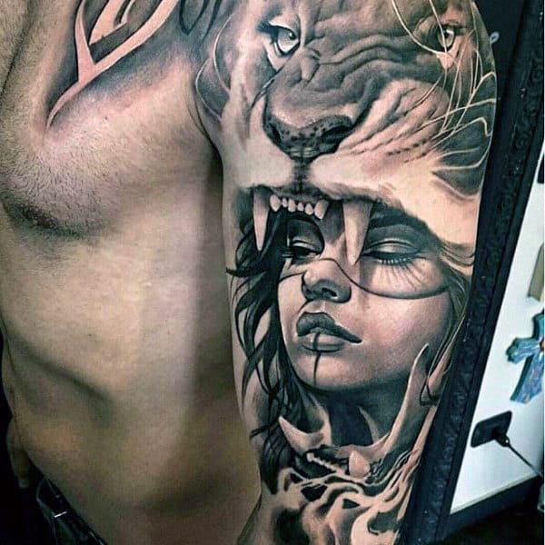 Tiger And Female Awesome Mens Sleeve Tattoos