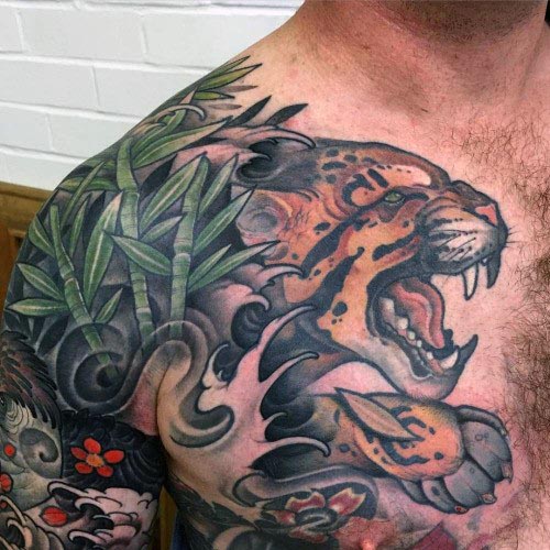 Tiger And Waves With Bamboo Male Chest Tattoos