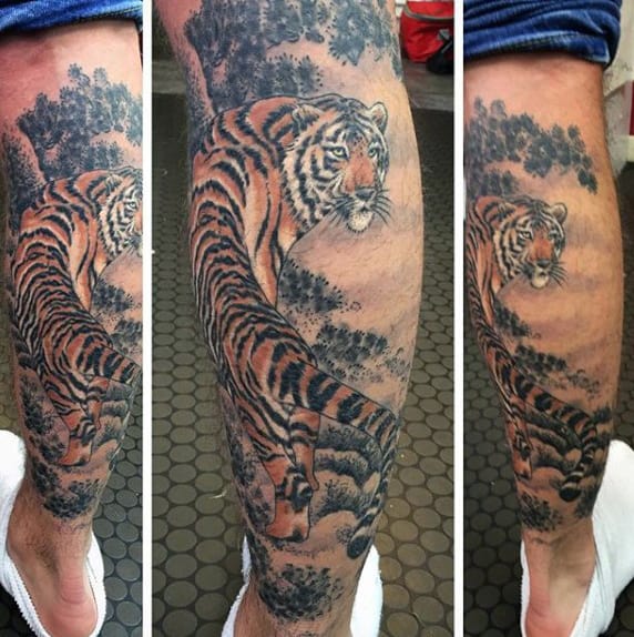 Tiger tattoo on a calf