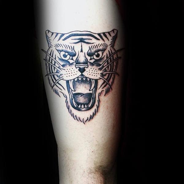 Tiger Head Tattoo Design Ideas For Guys With Traditional Design On Thigh