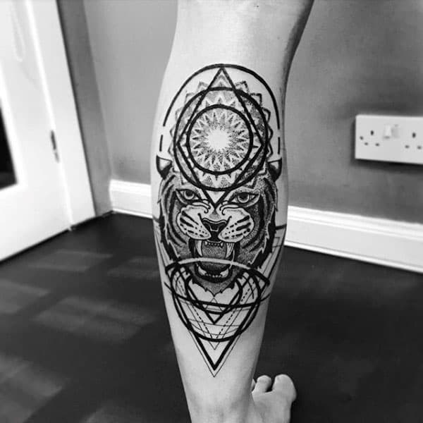 Tiger Pointillism Geometrical Mens Back Of Leg Tattoo