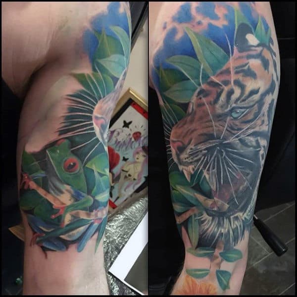 Tiger Roaring With Frog Mens Realistic Arm Tattoos