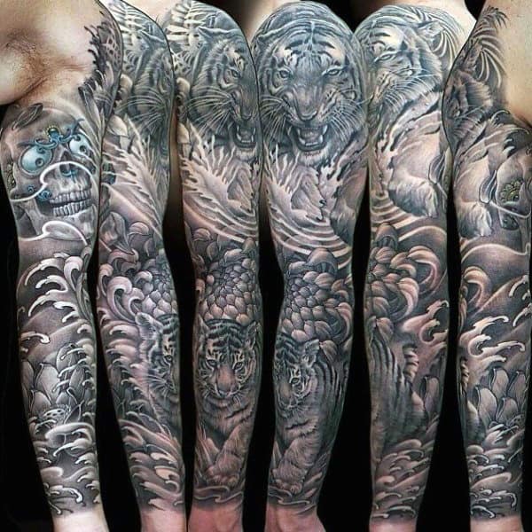 Tiger Unique Mens Shaded Sleeve Tattoo Designs