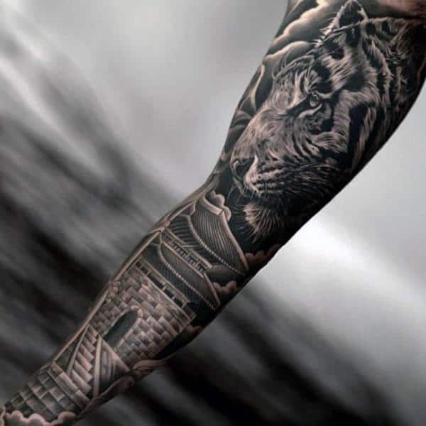 Tiger With Building Mens Full Sleeve Tattoo