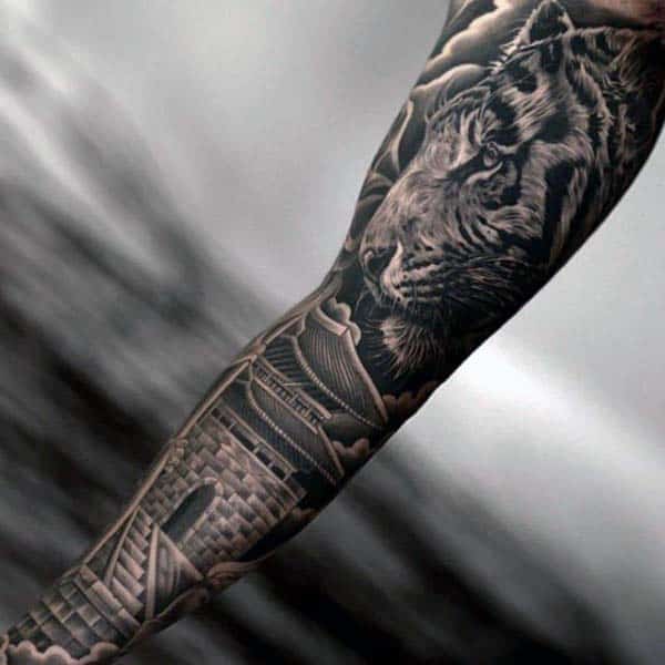 Tiger With Building Nice Mens Full Arm Sleeve Tattoo