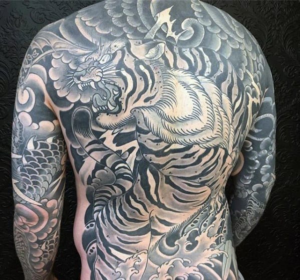 Tiger With Clouds Male Japanese Full Back Tattoos