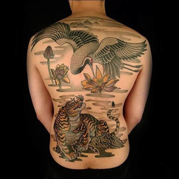 Tiger With Crane Mens Back Tattoos