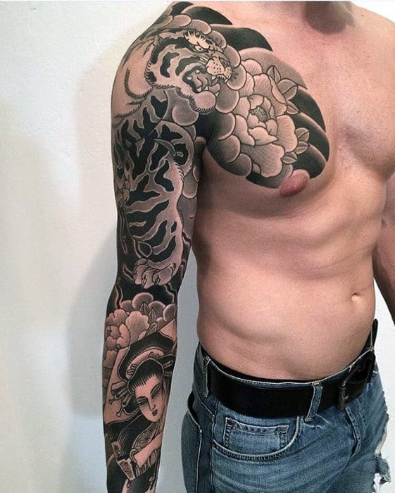 Tiger With Flower Japanese Male Chest And Sleeve Tattoos