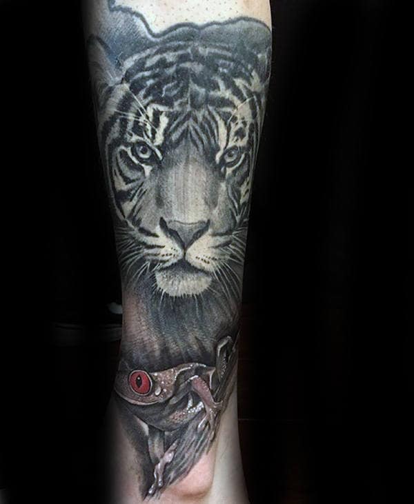 Tiger With Frog Black And Grey Shaded Mens Forearm Sleeve Tattoos