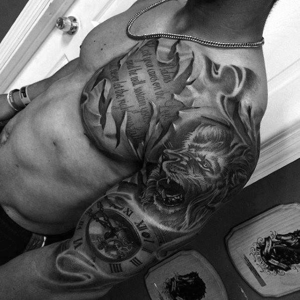 Bold black and grey tattoo sleeve featuring a roaring lion, torn skin text, and a clock, symbolizing strength, time, and inner power.