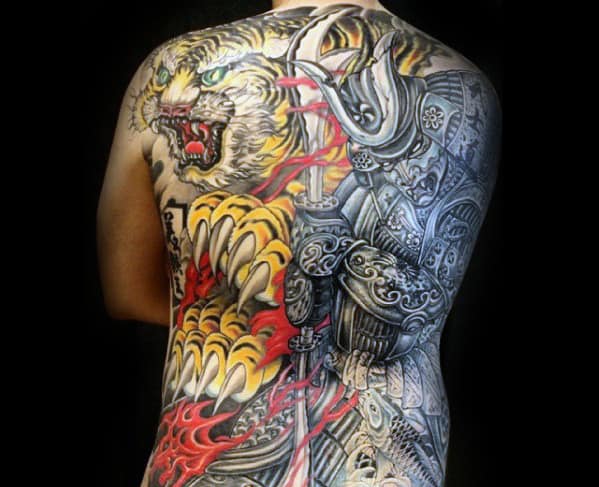 Tiger With Samuari Sweet Full Back Tattoos For Men