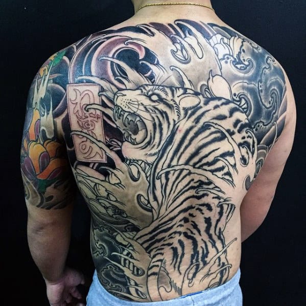Tiger With Water Waves Mens Cool Japanese Back Tattoo Ideas