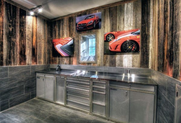 tile and wood panel garage wall gray cabinets ferrari artwork 